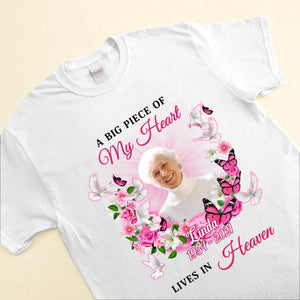 Memorial Pink Flower Butterfly Pigeon Upload Photo, A Big Piece Of My Heart Lives In Heaven Personalized Shirt