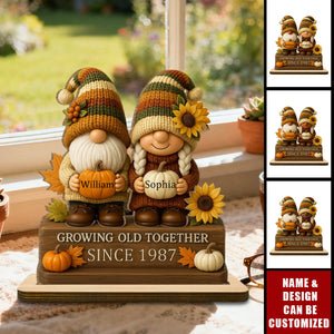 Growing Old Together, Dwarf Couple With Sunflowers And Pumpkins - Personalized Standing Wooden Plaque