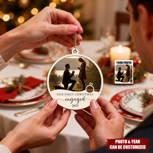 Custom Photo Our First Christmas Engaged - Personalized Engagement Wooden Ornament