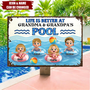 Life is Better at Grandma & Grandpa Pool Personalized Metal Sign, Grandchildren Welcome Sign