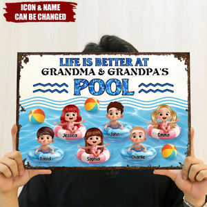 Life is Better at Grandma & Grandpa Pool Personalized Metal Sign, Grandchildren Welcome Sign