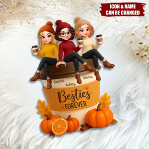Fall Season Besties Sitting On Pumpkin Spice Latte Personalized Standing Wooden Plaque