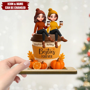 Fall Season Besties Sitting On Pumpkin Spice Latte Personalized Standing Wooden Plaque