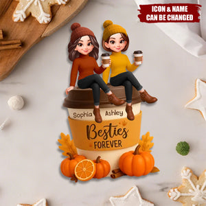 Fall Season Besties Sitting On Pumpkin Spice Latte Personalized Standing Wooden Plaque