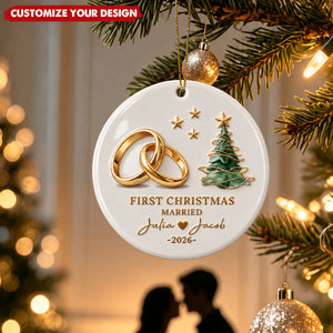 Personalized First Christmas Married Ceramic Ornament, Custom Couple Names & Year Keepsake Gift For Newlyweds