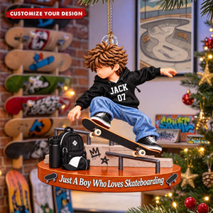 Personalized Skateboard Boy Christmas Ornament, Santa Hat Skater Tree Decor