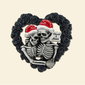 Personalized Skeleton Couple Wood Sign, Black Rose Heart Shape, Christmas Tree Decor