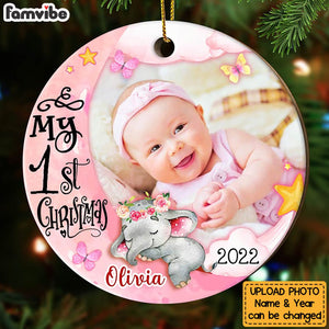Personalized Pink Baby's First Christmas Elephant For Girl Circle Ornament