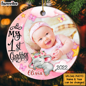 Personalized Pink Baby's First Christmas Elephant For Girl Circle Ornament