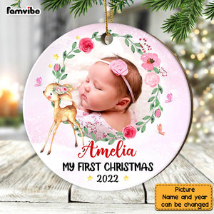 Personalized Baby First Christmas Photo Deer Circle Ornament