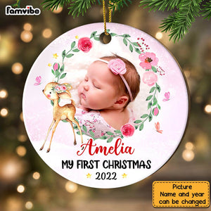 Personalized Baby First Christmas Photo Deer Circle Ornament