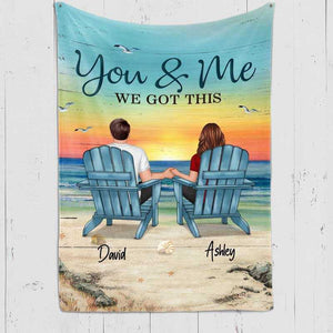 Back View Couple Sitting Beach Landscape Personalized Fleece Blanket