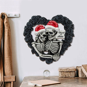 Personalized Skeleton Couple Wood Sign, Black Rose Heart Shape, Christmas Tree Decor