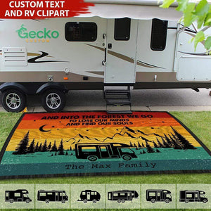 Retro Sunset Into The Forest We Go Custom Text Camping Patio Mat