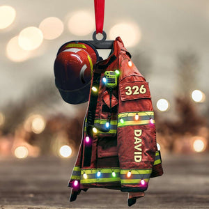 Firefighter Suits With Christmas Light - Personalized Flat Ornament - Gift for Firefighters