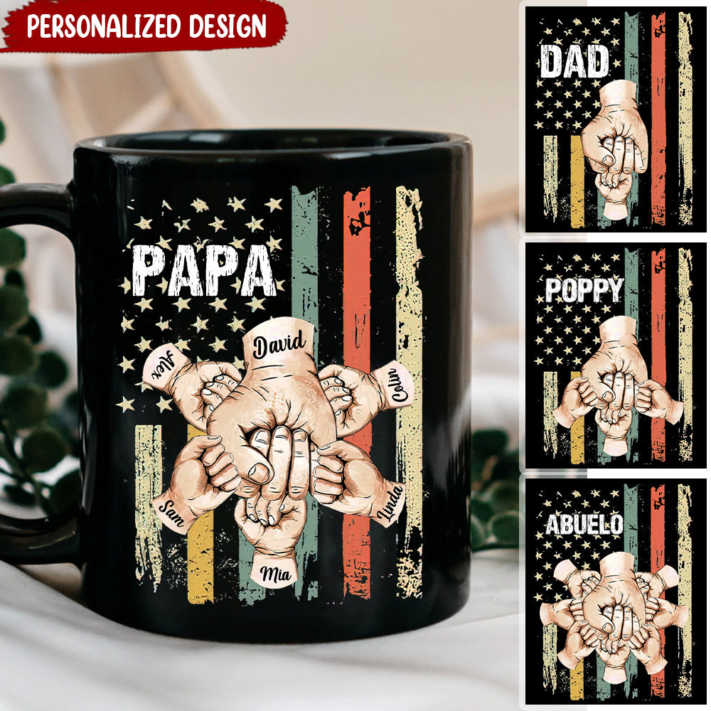 Retro Vintage American Flag Papa Daddy Kids Hands To Hands Personalized Mug