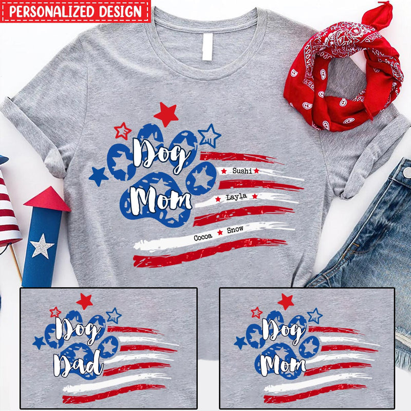 Personalized Dog Mom Dog Dad Pawprint American Flag T-Shirt