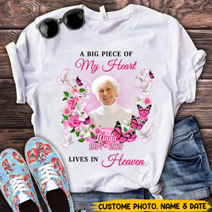 Memorial Pink Flower Butterfly Pigeon Upload Photo, A Big Piece Of My Heart Lives In Heaven Personalized Shirt