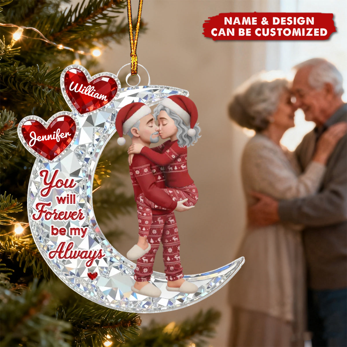 3D Crystal Effect Couple Hug On Moon - Personalized Acrylic Ornament - Gift For Couple, Gift For Him, For Her