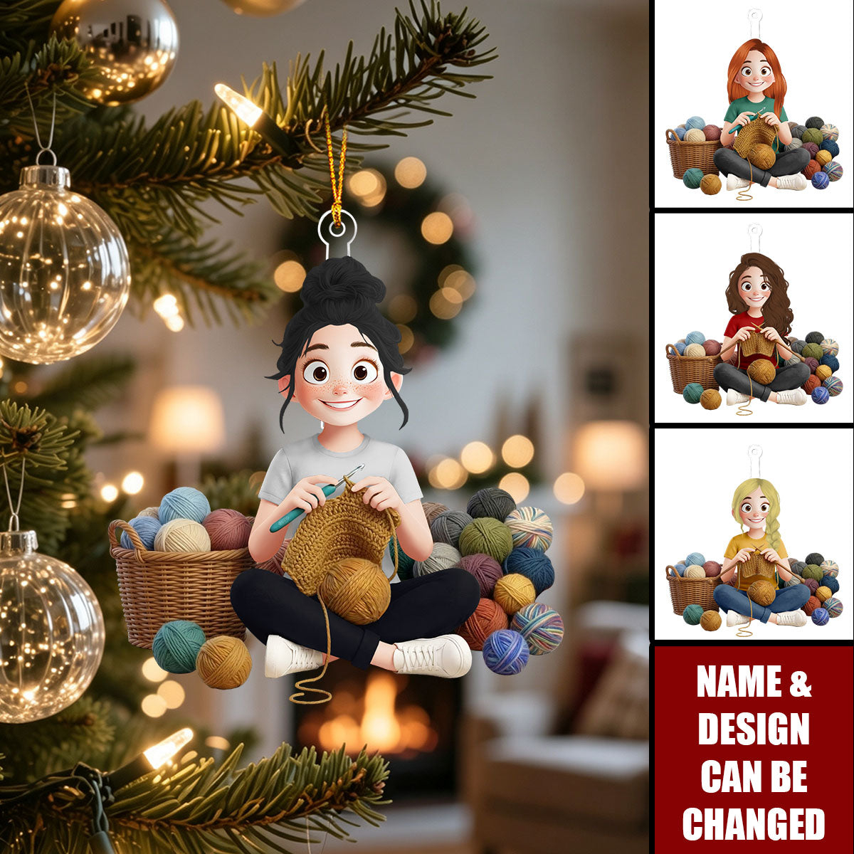 Custom Knitting Girl Christmas Acrylic Ornament - Gift for Knitters