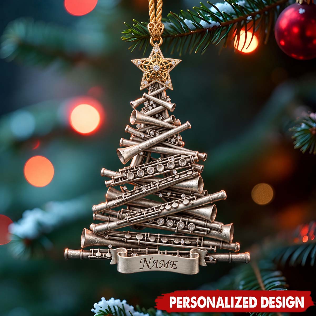 Personalized Flute Christmas Tree Acrylic Ornament - Custom Name Music Instrument Hanging Decor
