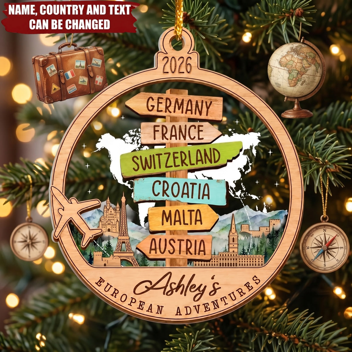 European Adventures - Personalized Acrylic Wooden Ornament