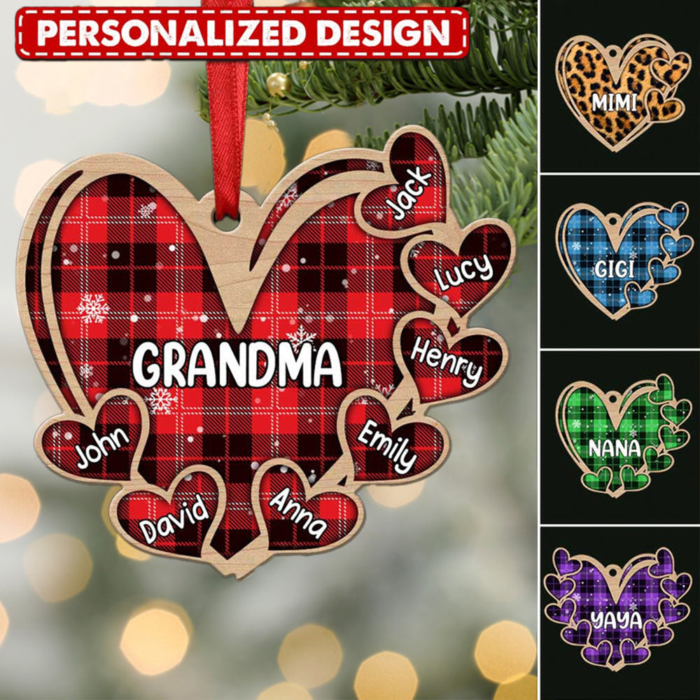 Christmas Heart Grandma Mom Kids, Leopard Plaid Pattern Personalized Ornament