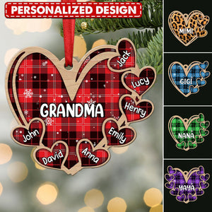 Christmas Heart Grandma Mom Kids, Leopard Plaid Pattern Personalized Ornament