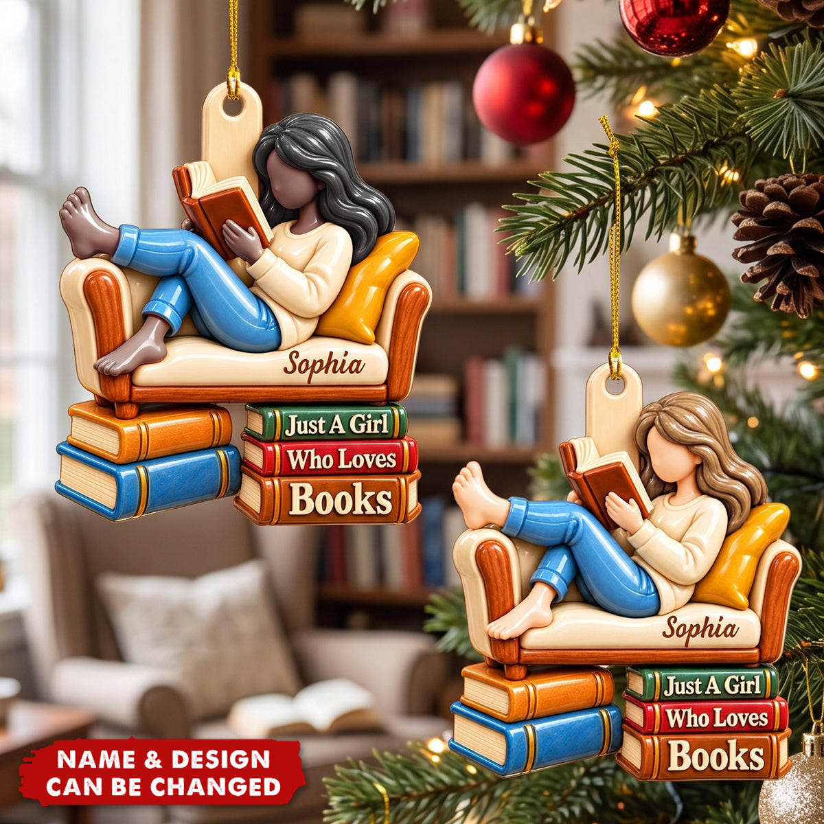 Personalized Girl Reading Book Ornament, Custom Book Lover Gift For Sister
