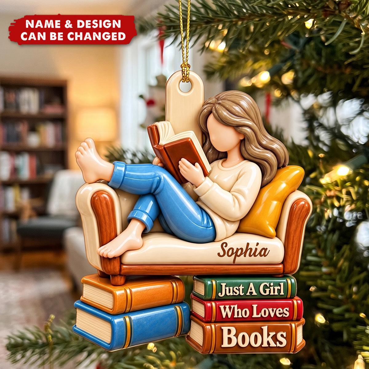 Personalized Girl Reading Book Ornament, Custom Book Lover Gift For Sister