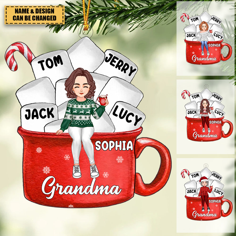 Grandma Mom Hot Cocoa Kids Marshmallows Personalized Wooden Ornament