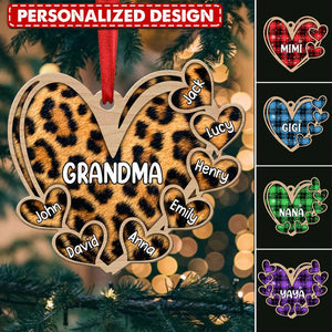 Christmas Heart Grandma Mom Kids, Leopard Plaid Pattern Personalized Ornament