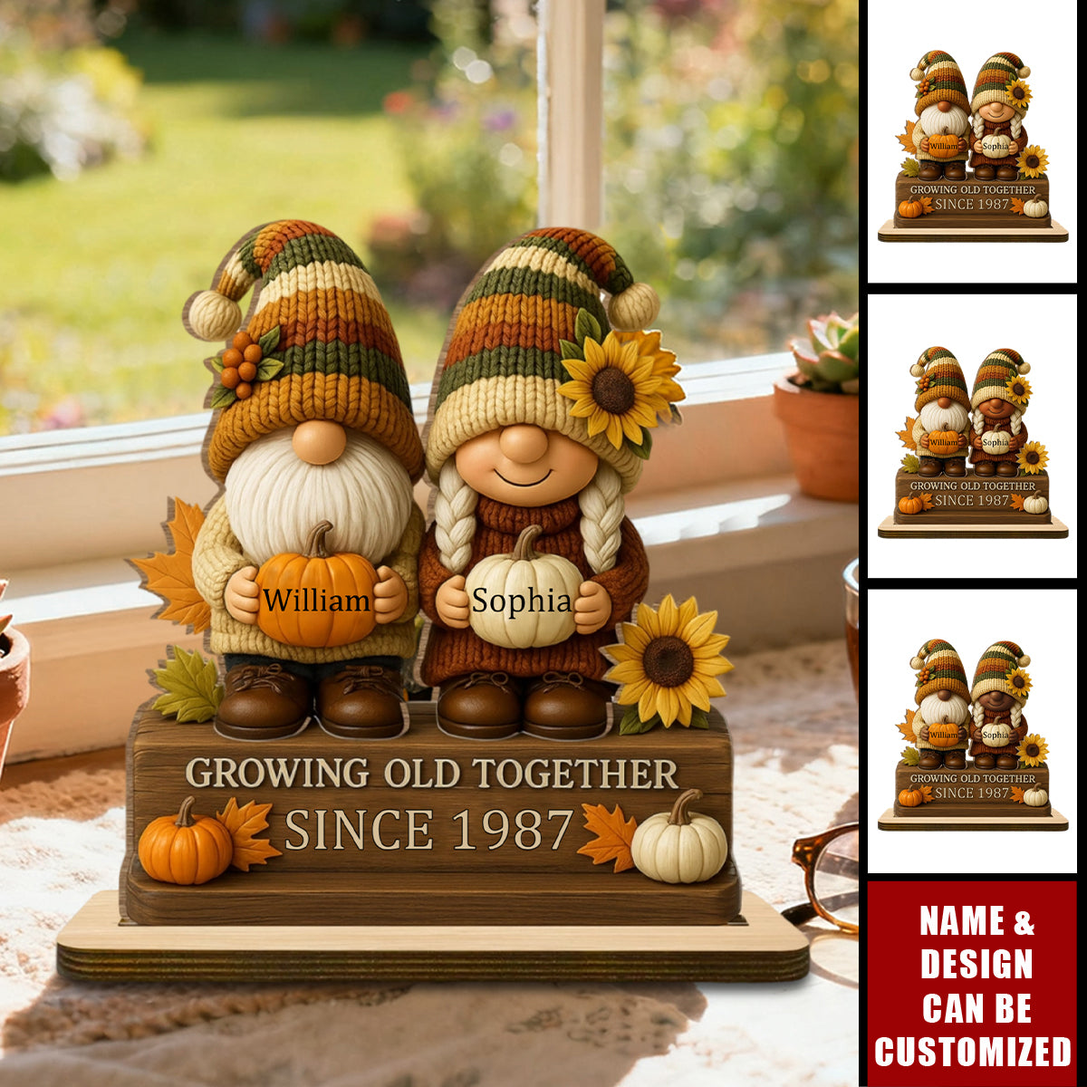 Growing Old Together, Dwarf Couple With Sunflowers And Pumpkins - Personalized Standing Wooden Plaque