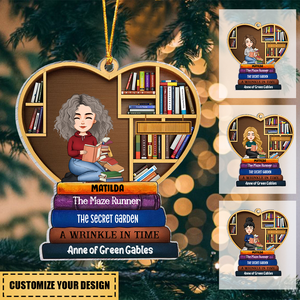 Girl Under Book Christmas Tree - Personalized Book Xmas Tree Shaped Acrylic Ornament