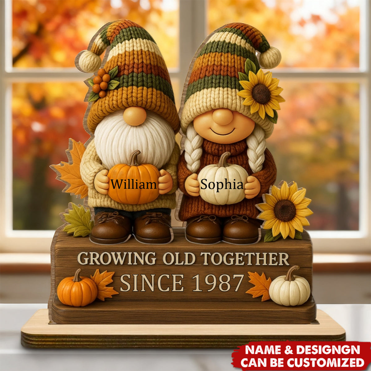 Growing Old Together, Dwarf Couple With Sunflowers And Pumpkins - Personalized Standing Wooden Plaque