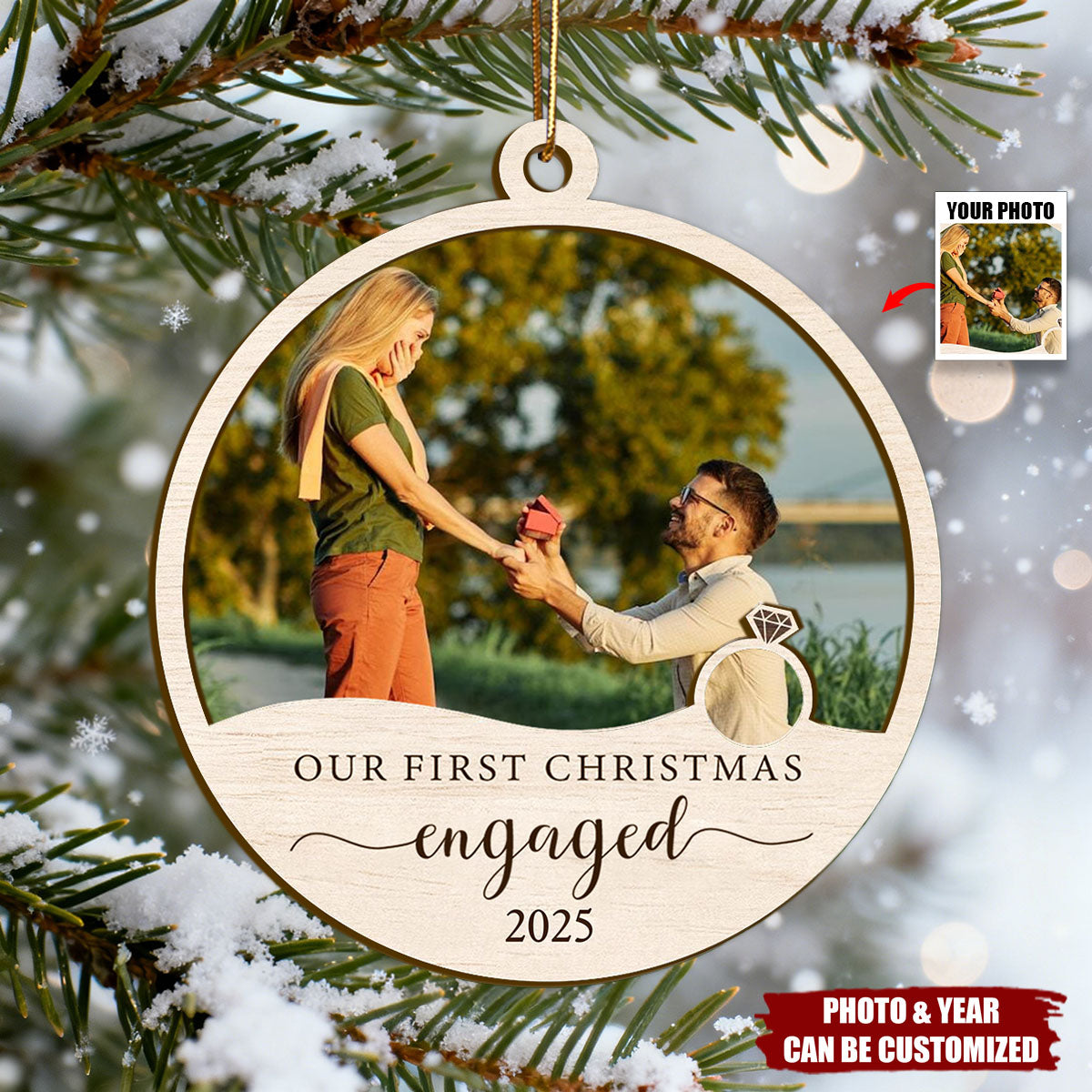 Custom Photo Our First Christmas Engaged - Personalized Engagement Wooden Ornament