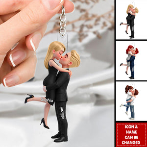 Romantic Hugging kissing Couple - Personalized 2-Layered Acrylic Keychain
