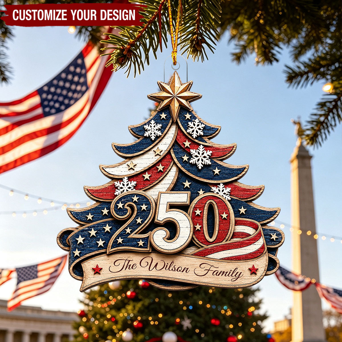 Custom 250th USA Anniversary Acrylic Ornament, Personalized Patriotic Christmas Decor, 1776-2026 Semiquincentennial Flag Family Gift