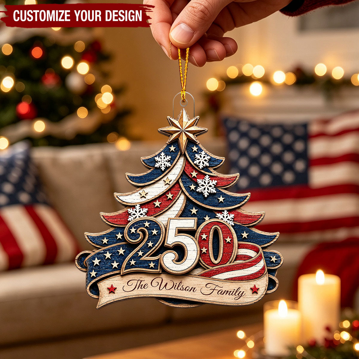 Custom 250th USA Anniversary Acrylic Ornament, Personalized Patriotic Christmas Decor, 1776-2026 Semiquincentennial Flag Family Gift