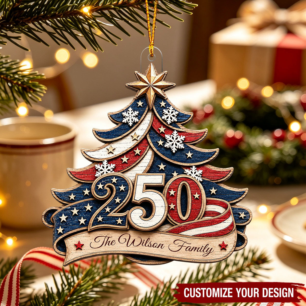 Custom 250th USA Anniversary Acrylic Ornament, Personalized Patriotic Christmas Decor, 1776-2026 Semiquincentennial Flag Family Gift