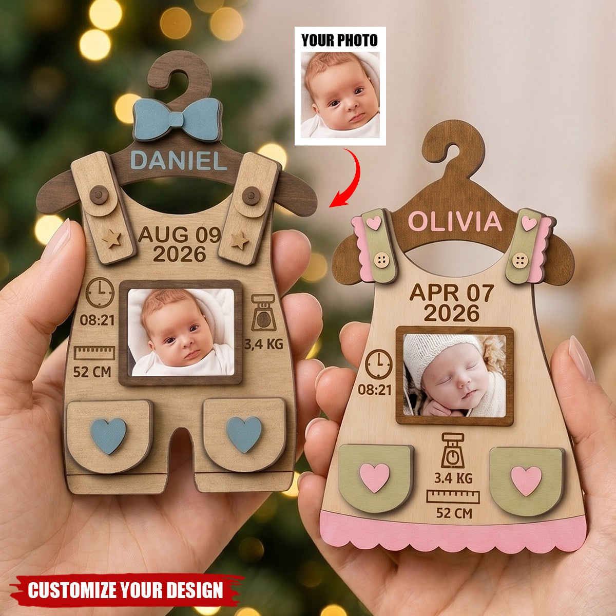 Baby First Christmas Birth Stats Birth Sign - Personalized 2-Layered Wooden Ornament