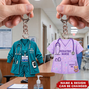 Personalized Nurse Scrubs Acrylic  Keychain, Custom Name Medical Uniform