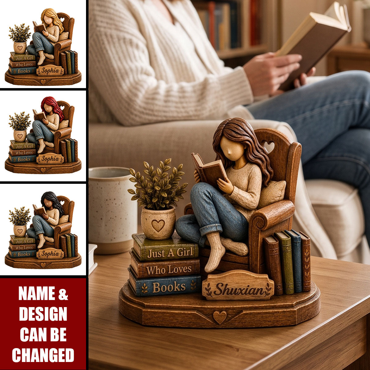Personalized Wooden Figure For Reading Lover, Custom Personalized Reading Girl Desk Decoration
