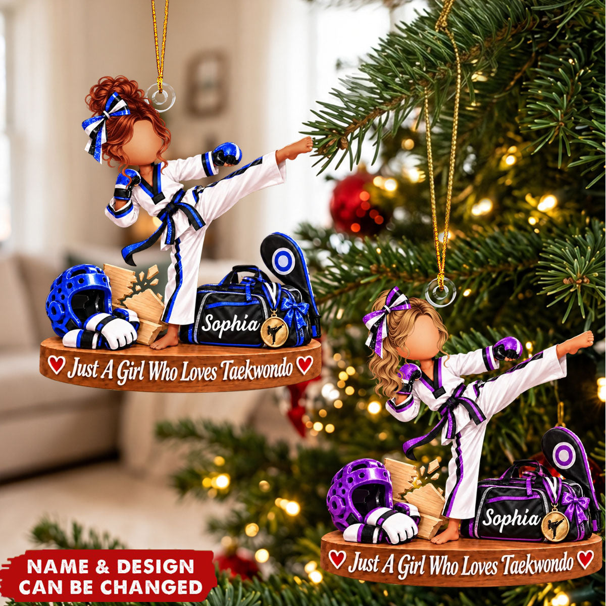 Personalized Taekwondo Girl Ornament, Custom Name Martial Arts Christmas Gift