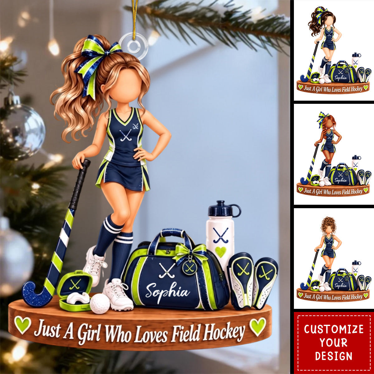 Personalized Field Hockey Girl Ornament - Custom Name Player Christmas Gift