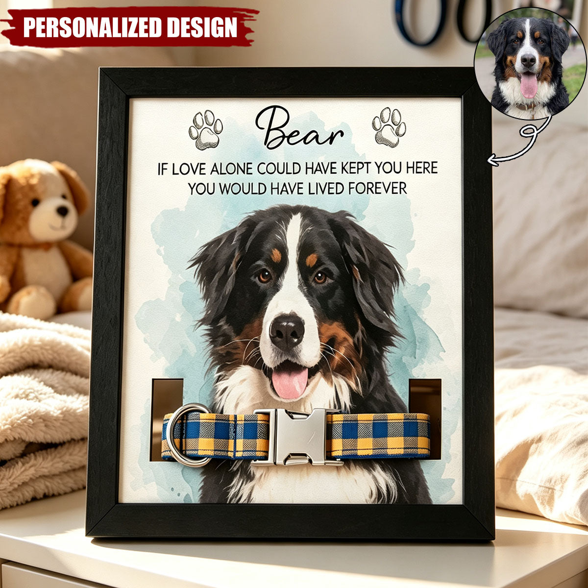 Pet Collar Frame Keepsake Custom Pet Portrait Watecolor Art - Personalized Frame