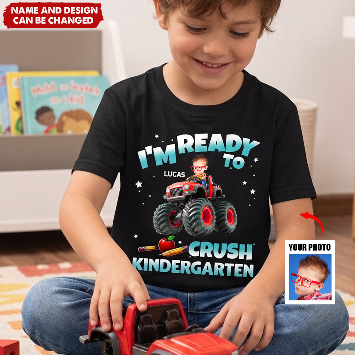 Custom Face Kid Riding Monster Truck Back To School - Personalized Shirt