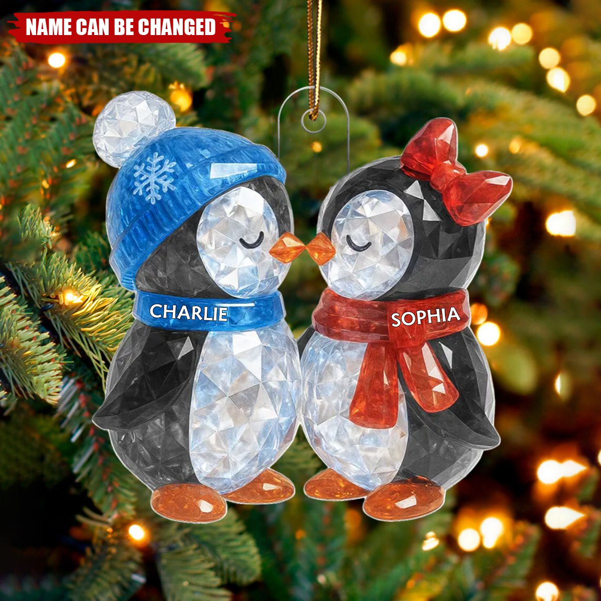 Christmas Penguins Couple Crystal Effect Personalized Acrylic Ornament - Heartwarming Christmas Gift for Couple