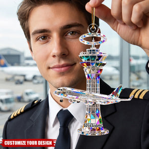 Personalized Airplane Tower Christmas Ornament, Custom Name Airplane Ornament