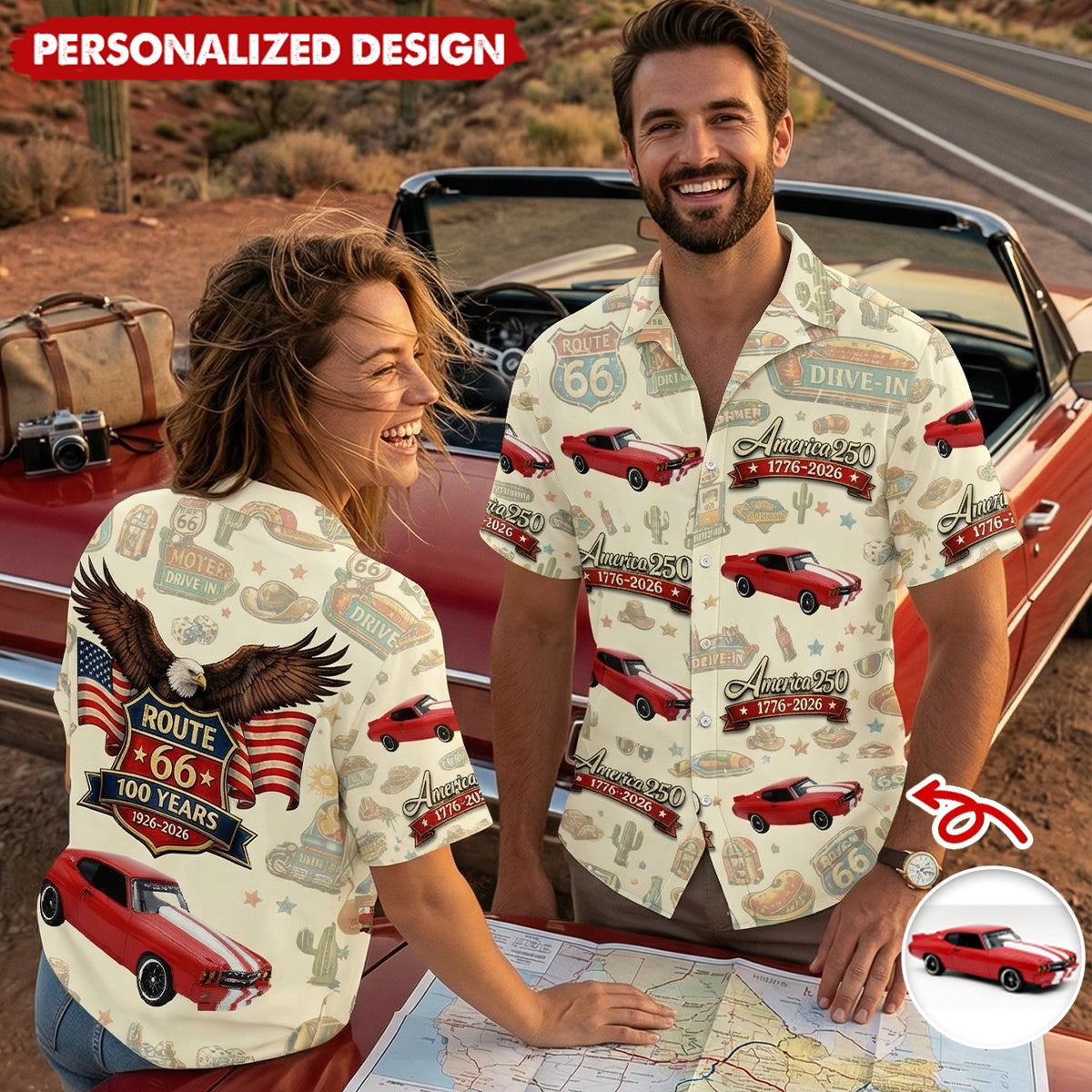 Custom Car Photo Route 66 and America Patriotic 250th Anniversary Hawaii Shirt
